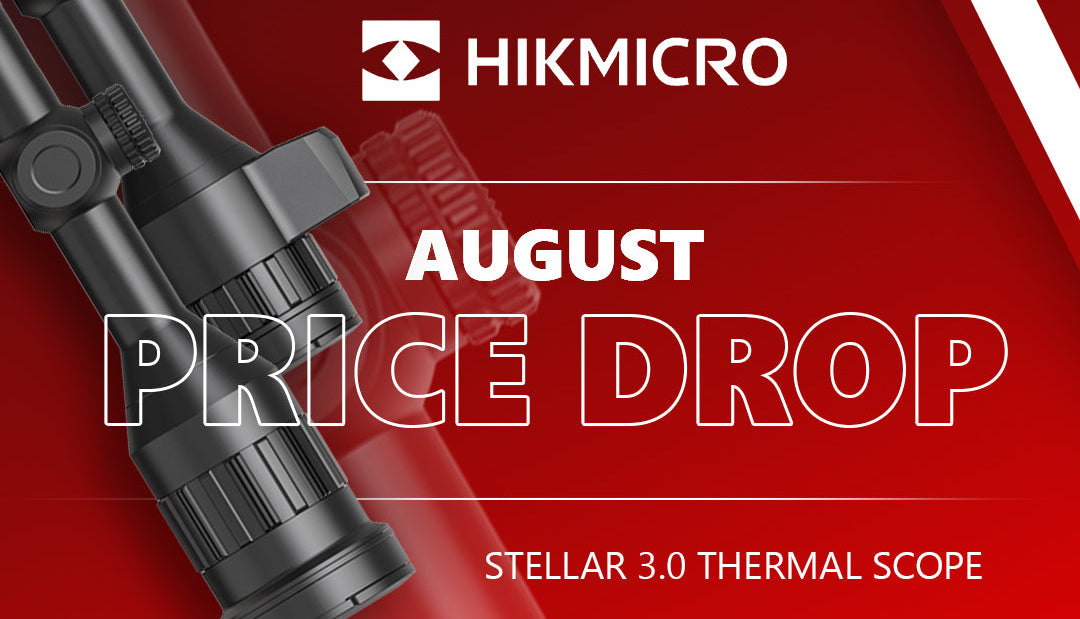 Promotional graphic for a HIKMICRO Stellar 3.0 Thermal Scope during an August price drop, showing a black thermal scope on a red background with pricing details for three scope models.