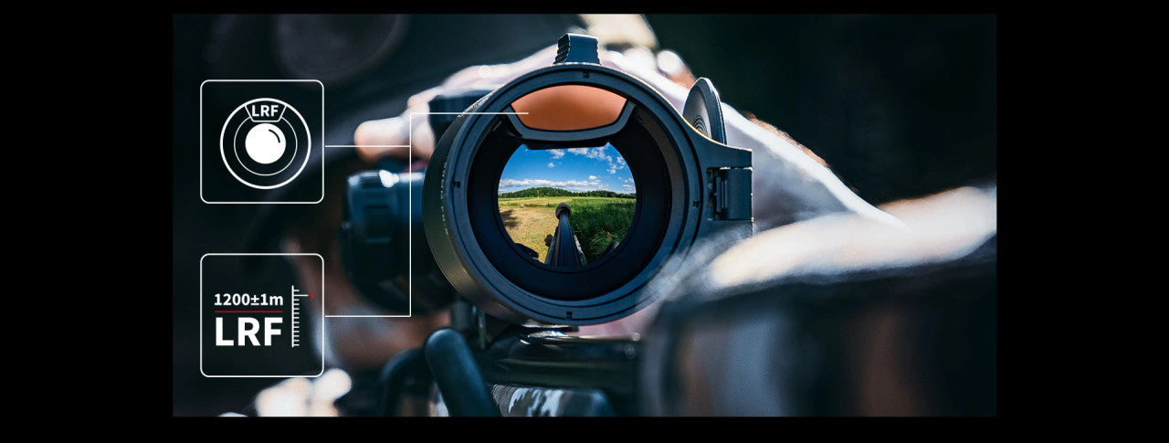 Hand holding a camera with a viewfinder showing a landscape, featuring LRF technology indicators.