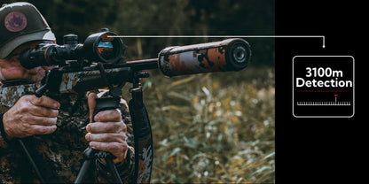 Person holding a rifle with a scope, set against a natural background, featuring text about detection range.