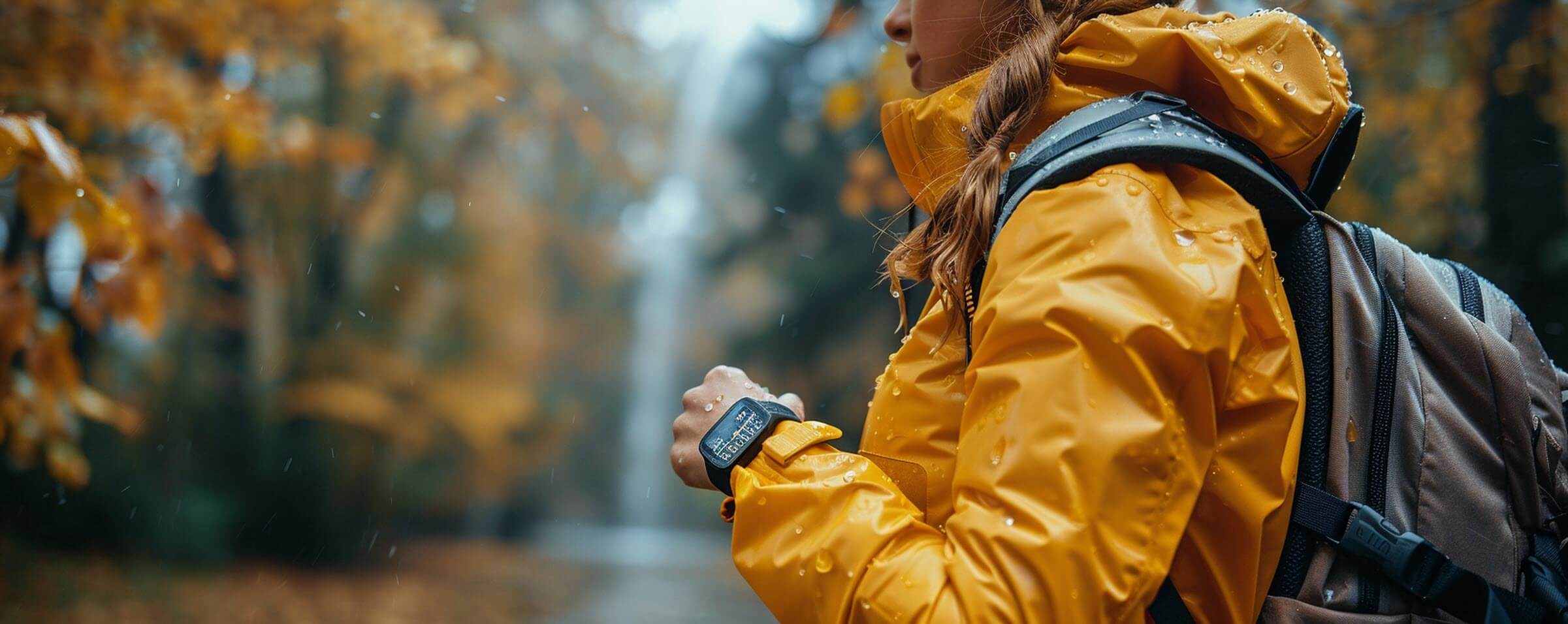 Woman in a raincoat hiking in a forest